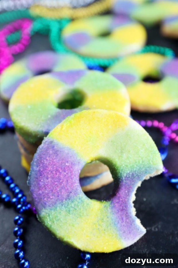 A vibrant display of Mardi Gras sugar cookies, colorful and ready for celebration.