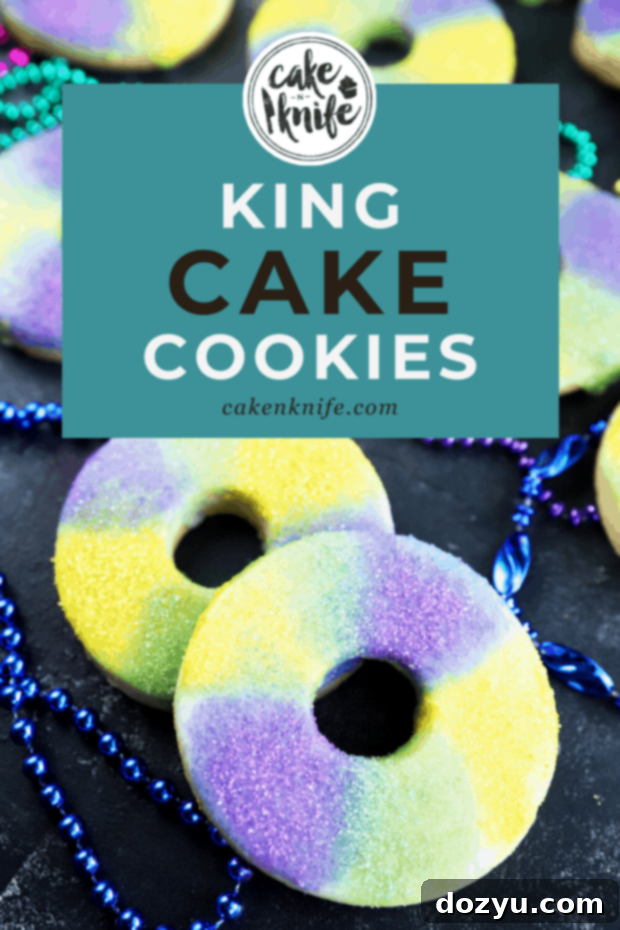 A Pinterest-optimized image featuring King Cake Cookies with text overlays like 'King Cake Cookies' and 'Mardi Gras'