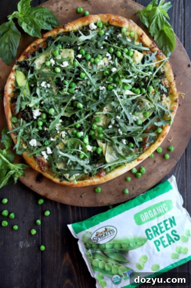 Garden Pesto Pizza 10 Overhead photo of greens pizza