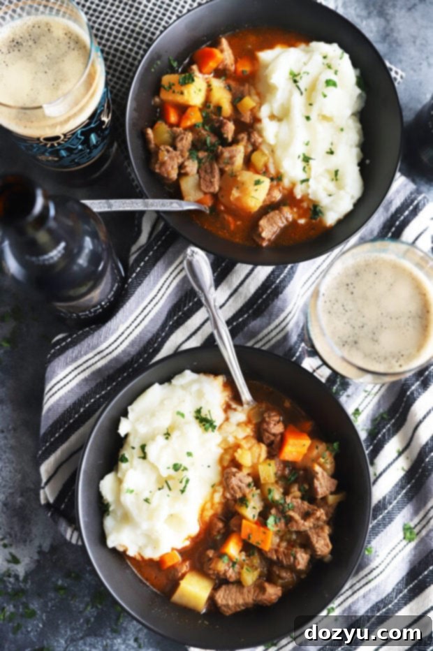 Easy Instant Pot Irish Beef Stew 3 Overhead photo of Irish beef stew in bowls