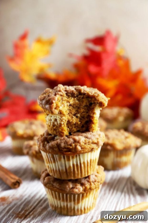 Cream Cheese Swirl Pumpkin Crumble Muffins 6 Close-up shot of a single pumpkin muffin with a bite taken out, showing the creamy center