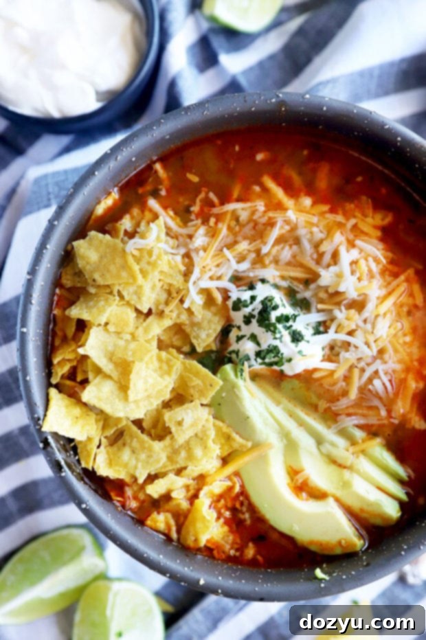 Overhead shot of a vibrant bowl of Instant Pot Tortilla Soup garnished with fresh cilantro and lime, ready to be enjoyed.