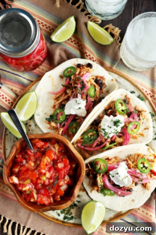Speedy Instant Pot Chipotle Chicken Tacos 7 Overhead photo of a generous serving of Instant Pot chipotle chicken tacos