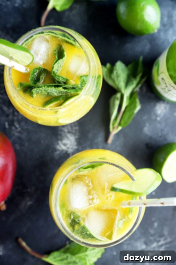 Refreshing Mango Mojito Mocktail 2 Overhead photo of a vibrant Mango Mojito Mocktail in a tall glass, garnished with fresh mint and a lime slice.