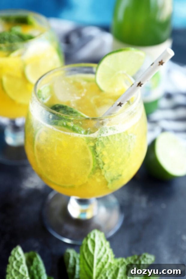 Refreshing Mango Mojito Mocktail 3 Side view of a Mango Mojito Mocktail with ice, mint, and lime garnish, showing the vibrant yellow hue of the drink.