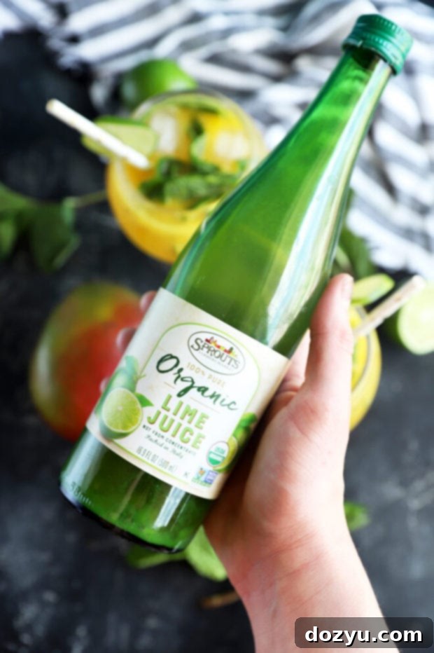 Refreshing Mango Mojito Mocktail 4 A bottle of Sprouts Organic Lime Juice, a convenient ingredient for this mocktail.
