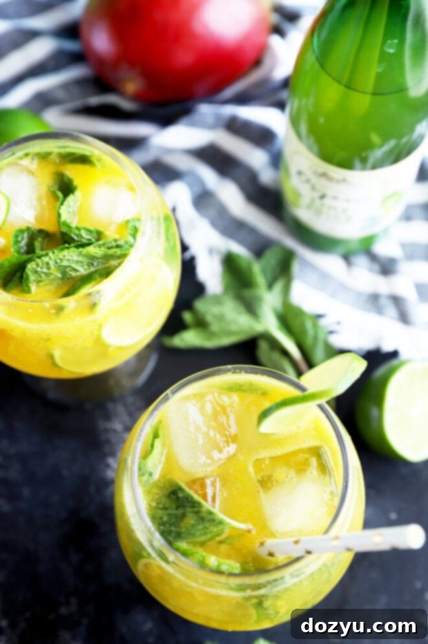 Refreshing Mango Mojito Mocktail 5 Overhead photo of two vibrant Mango Mojito Mocktails in glasses, garnished with fresh mint, limes, and mango slices.