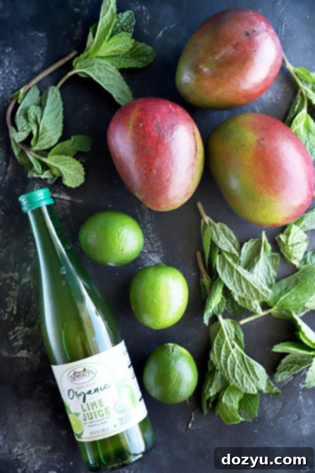 Refreshing Mango Mojito Mocktail 6 Overhead view of fresh ingredients for Mango Mojito Mocktail: sliced mango, mint leaves, lime slices, and a bottle of lime juice.