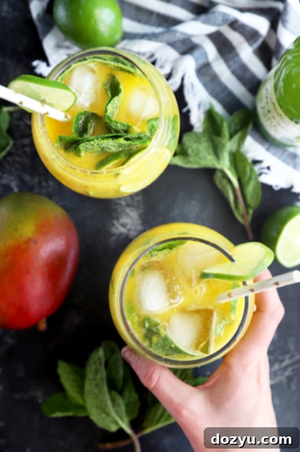 Refreshing Mango Mojito Mocktail 9 A hand holding a garnished Mango Mojito Mocktail, showing a refreshing drink with mint and lime.