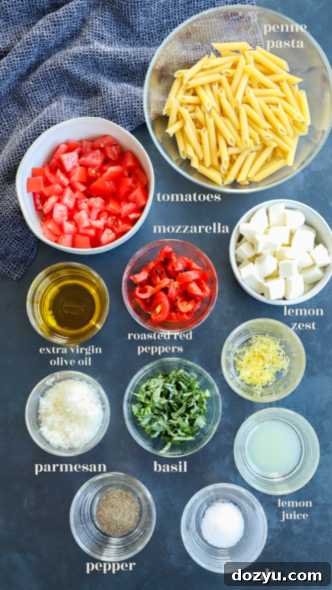 Sunshine Lemon Pasta Salad 3 summer lemon pasta salad ingredients image with text labels