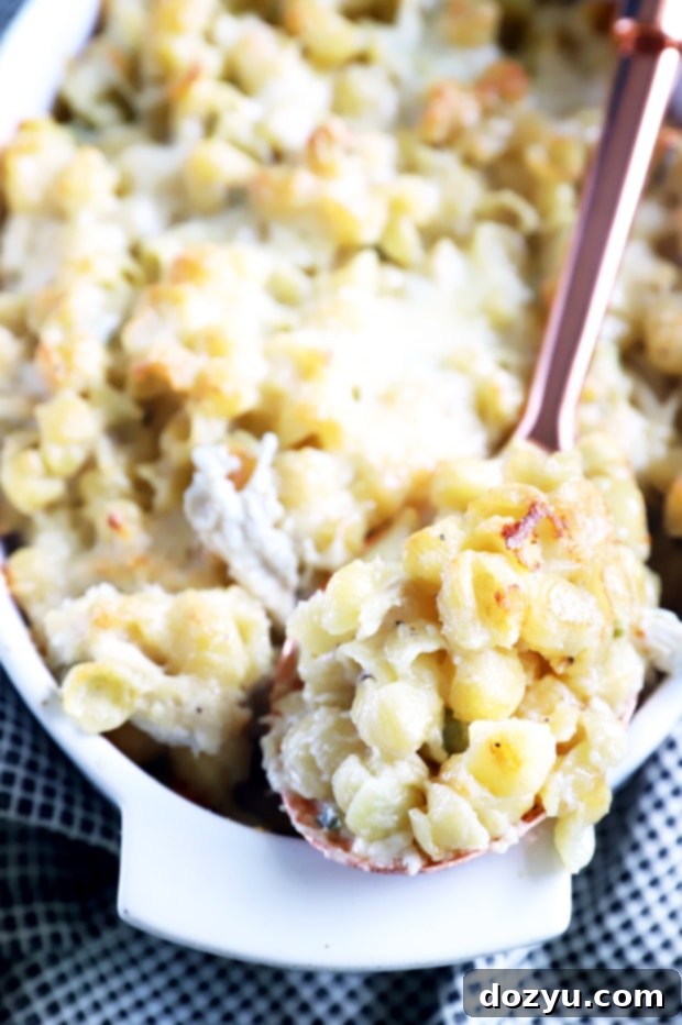 Creamy Havarti Jalapeño Chicken Mac and Cheese 11 Jalapeño Chicken Havarti Mac and Cheese in a dish with serving spoon picture