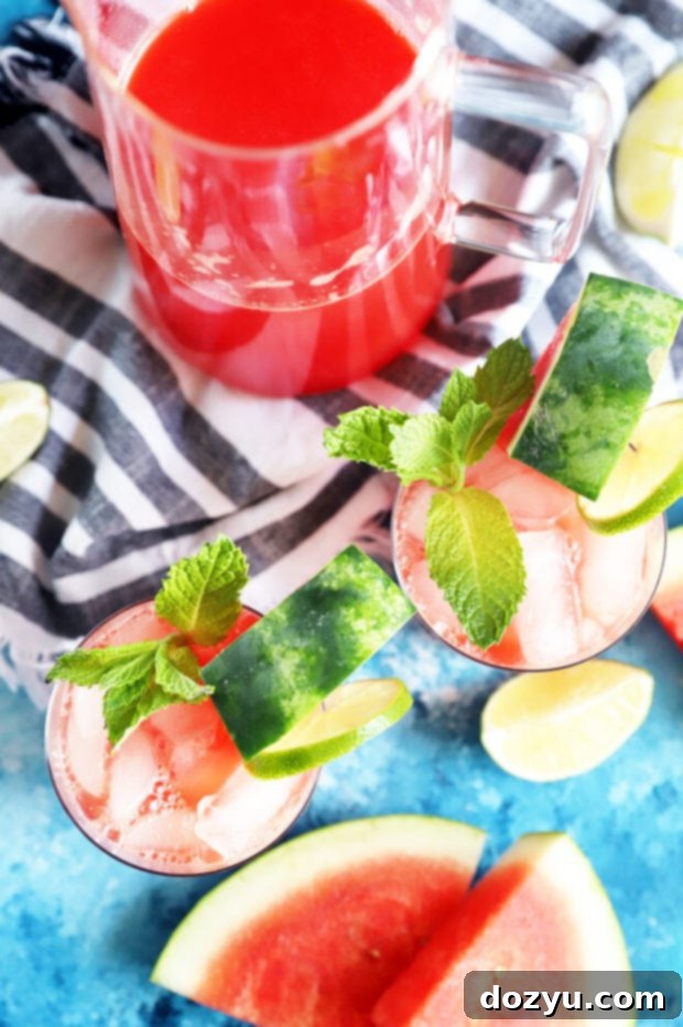 Overhead photo of watermelon juice in glasses