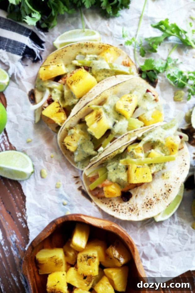 Sweet Heat Sheet Pan Tacos: Pineapple Chipotle Chicken with Jalapeño Zest 4 Overhead photo of chipotle chicken tacos