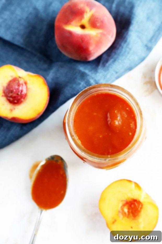 Bourbon Peach BBQ Bliss 3 Overhead view of homemade Bourbon Peach BBQ Sauce in a saucepan