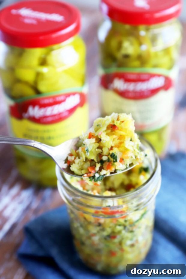 Zesty Pepperoncini Relish 11 Overhead shot of pepperoncini relish in a jar