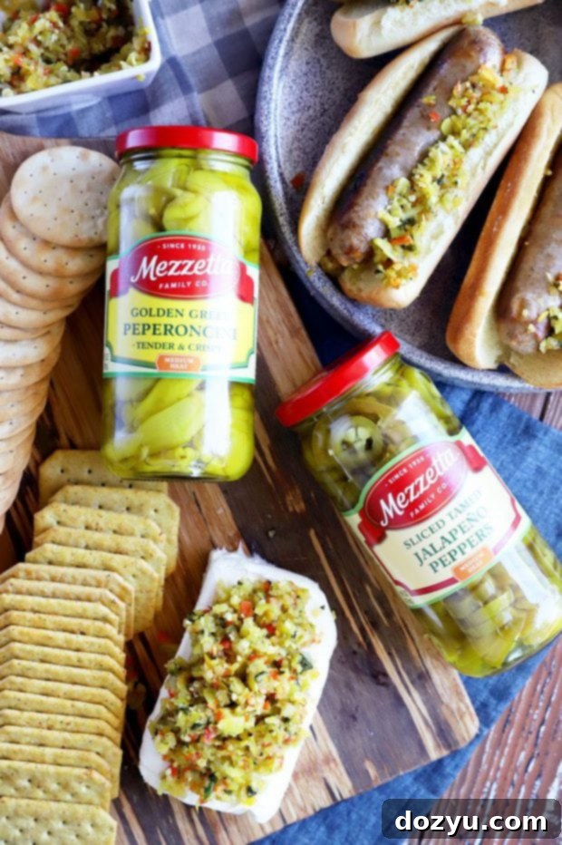 Zesty Pepperoncini Relish 5 Overhead photo of Mezzetta Pepperoncini Relish ingredients ready for processing