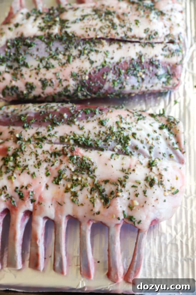Tender Herb Crusted Lamb Rack with Robust Red Wine Sauce 4 Two racks of frenched lamb, coated with a vibrant green herb crust, laid out on a baking sheet, ready for roasting.