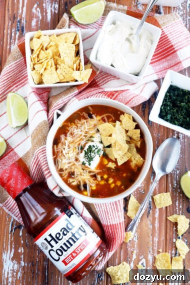 Smoky Instant Pot Turkey Enchilada Soup 7 An appetizing overhead shot of a bowl of Head Country BBQ Turkey Enchilada Soup, vibrant with ingredients and garnished, showcasing its hearty appeal.