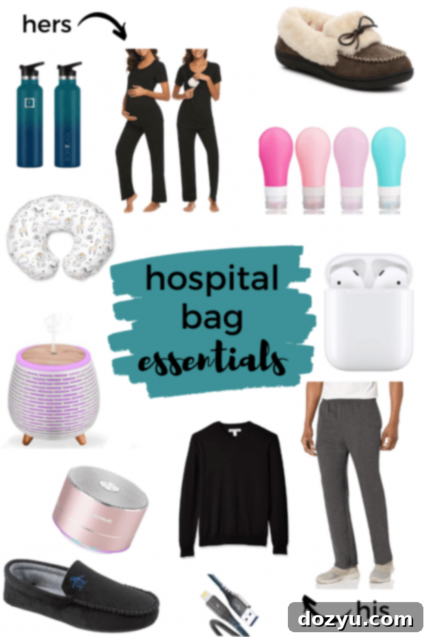 Hospital Bag Essentials Pinterest Graphic for new parents