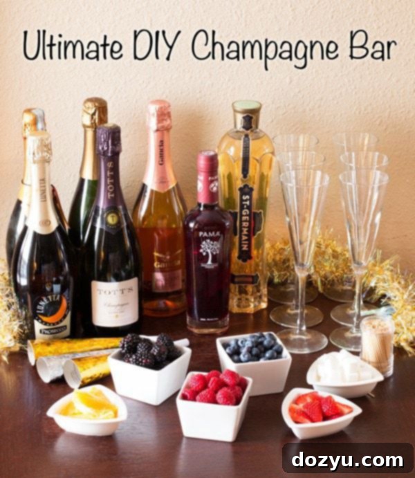 Build Your Own Sparkle Bar 2 A beautifully set up DIY Champagne Bar with various sparkling wines, liqueurs, and fresh fruits, ready for guests to create their own custom drinks for New Year's Eve or any celebration.