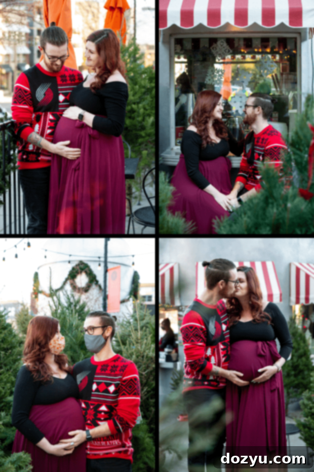 Maternity photoshoot collage image showcasing various festive and candid shots from the holiday themed session.