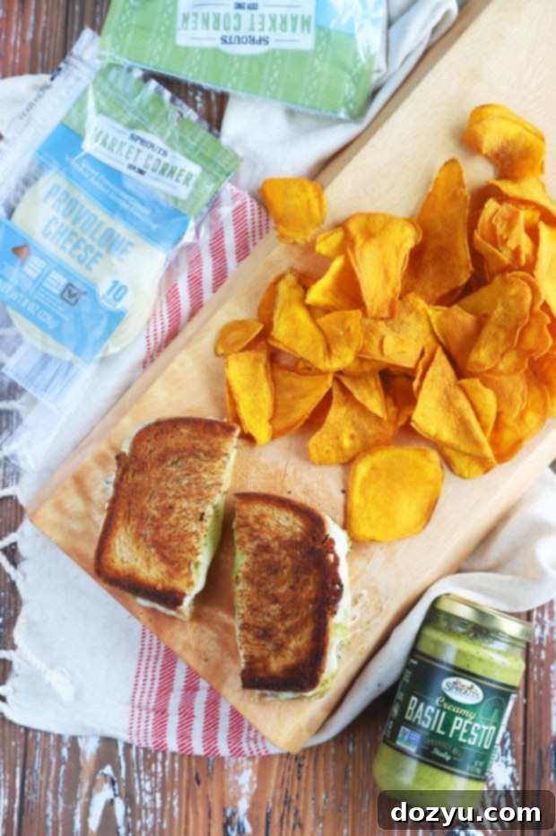 Pesto Grilled Cheese: Two Irresistible Twists 3 Overhead image of grilled cheese and chips