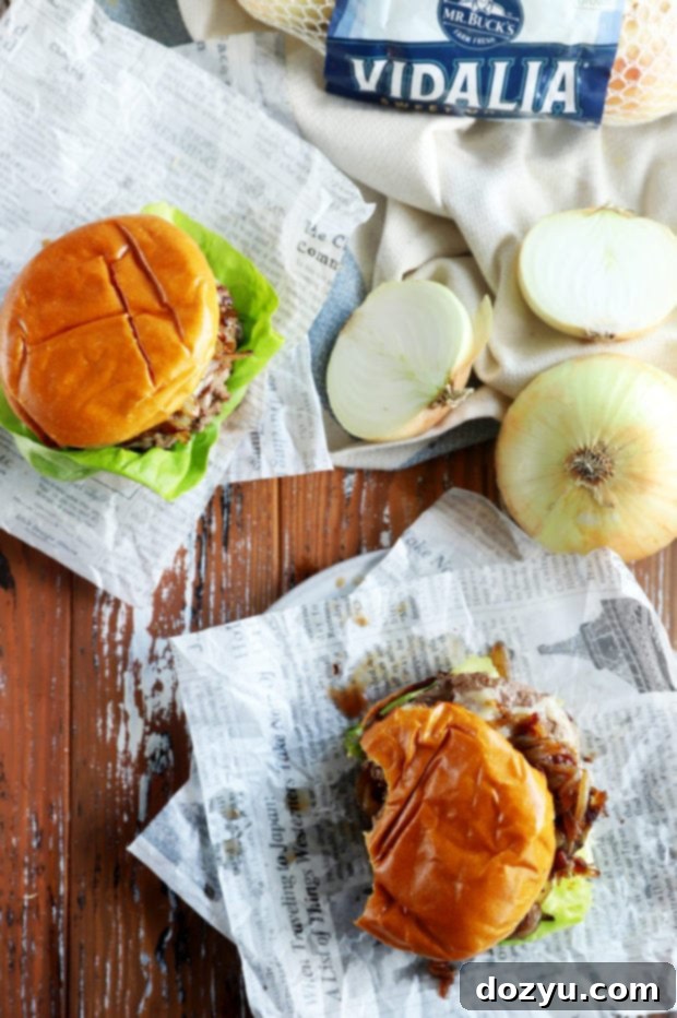 Caramelized Onion Dream Burger 8 Overhead photo of burger with bites taken out of it