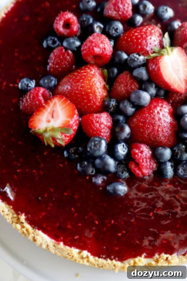 Berry Medley Cheesecake 4 Close-up image of an almost-completed Triple Berry Cheesecake, with a swirl of berry topping and some fresh berries.