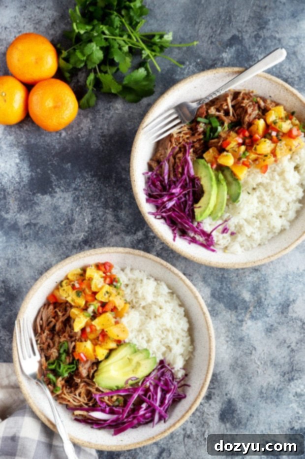 Zesty Teriyaki Pulled Pork Bowls with Mandarin Salsa 5 Close-up of rice bowls garnished with mandarin salsa and fresh avocado slices
