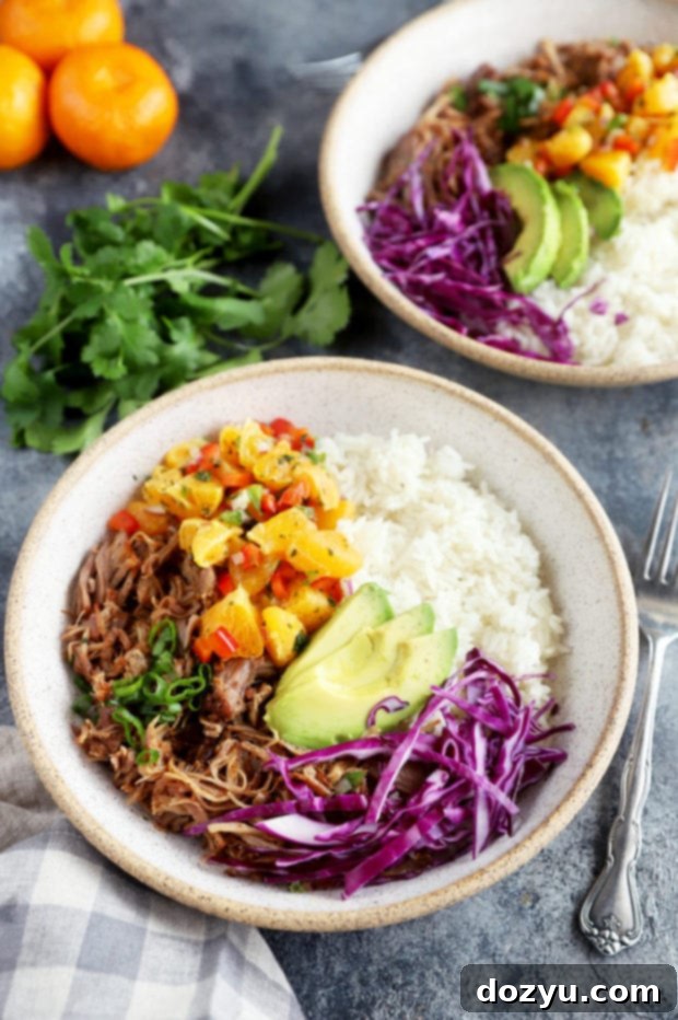 Zesty Teriyaki Pulled Pork Bowls with Mandarin Salsa 6 Close-up of shredded pulled pork and fresh mandarin salsa in separate bowls