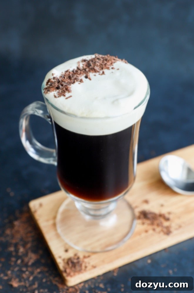 The Perfect Irish Coffee 2 classic Irish coffee in clear mug with topping