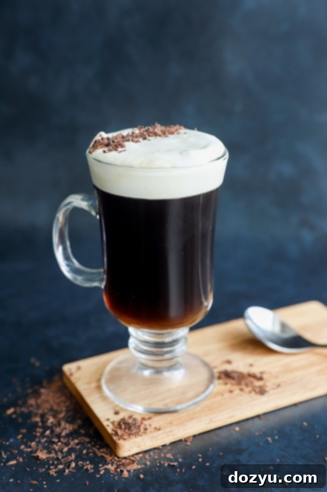 The Perfect Irish Coffee 6 Irish coffee on cutting board with chocolate shavings on top