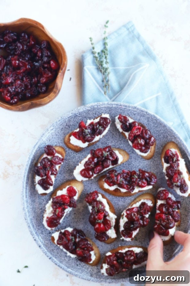 Sweet and Tangy Roasted Cranberry Goat Cheese Crostini 4 Overhead image with goat cheese crostini image