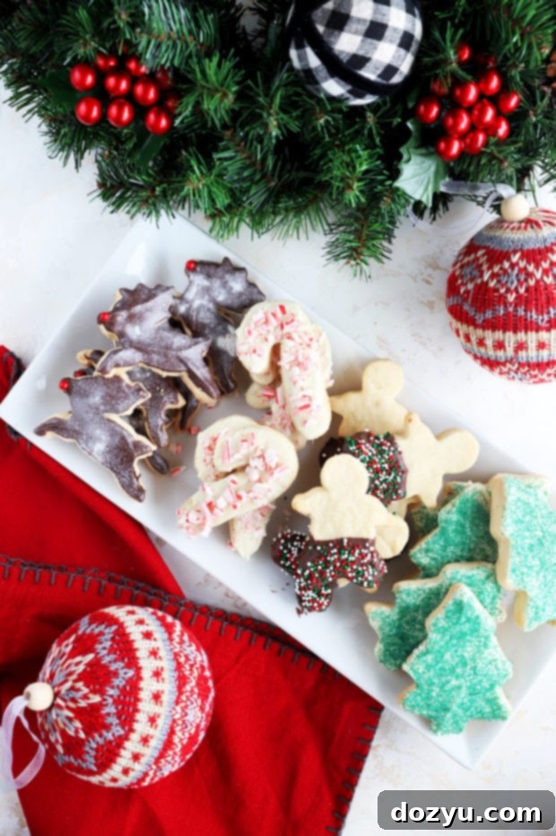 Overhead image of beautifully arranged Christmas Shortbread Cookies on a platter, showcasing their simple elegance and festive appeal.