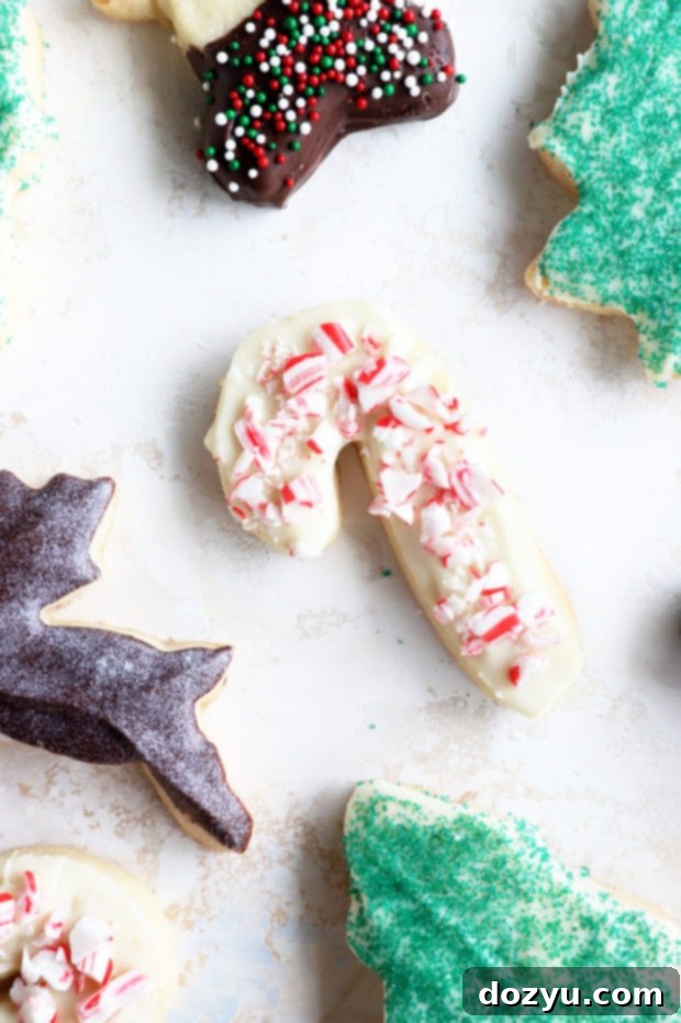 Candy cane shaped shortbread cookie with a delicate dusting of powdered sugar, emphasizing its festive appeal.