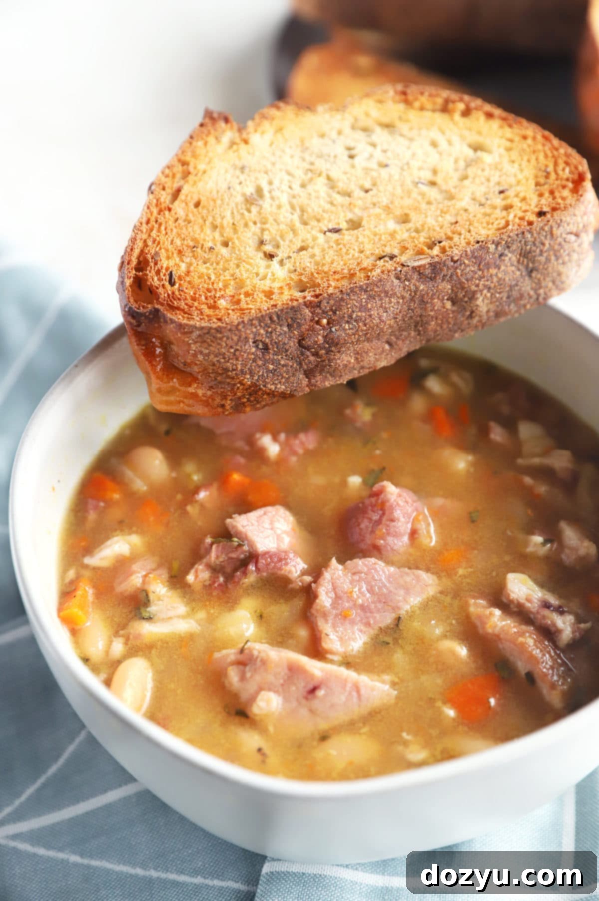 One Pot Ham and Bean Delight 6 Close-up of a bowl of Instant Pot Ham and Bean Soup, showing the texture of the beans and ham, with a spoon ready for tasting.