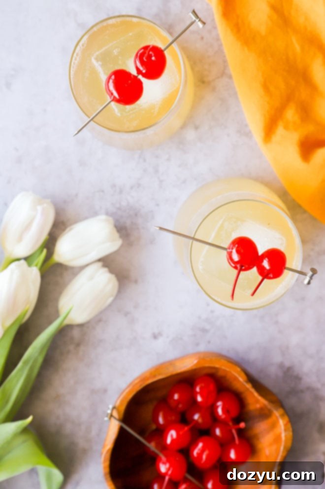 Sparkling Whiskey Sour 3 Overhead view of two sparkling whiskey sour cocktails, garnished with cherries and lemon slices, ready to be enjoyed.