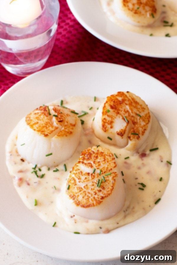 Golden Seared Scallops with Smoky Bacon Cream 2 Pan Seared Scallops with Bacon Cream Sauce | cakenknife.com