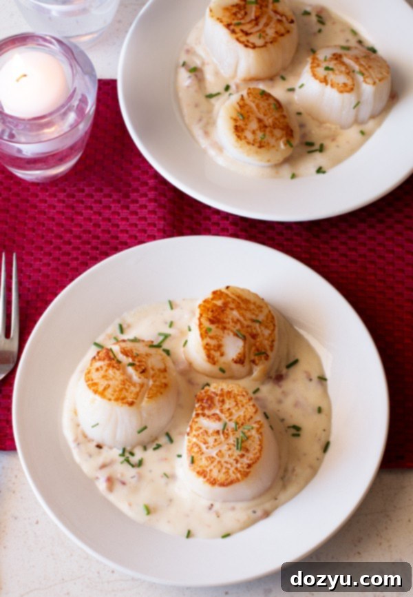 Golden Seared Scallops with Smoky Bacon Cream 3 Pan Seared Scallops with Bacon Cream Sauce | cakenknife.com
