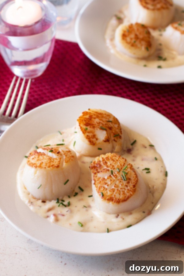 Pan Seared Scallops with Bacon Cream Sauce | cakenknife.com
