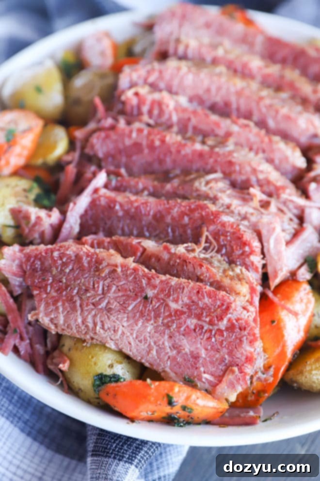 Tender Instant Pot Guinness Corned Beef 6 Photo of sliced beef and vegetables