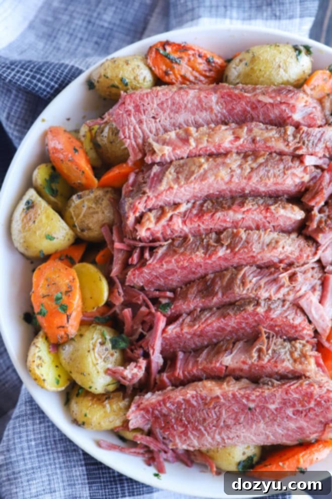 Tender Instant Pot Guinness Corned Beef 7 Overhead corned beef brisket in bowl image