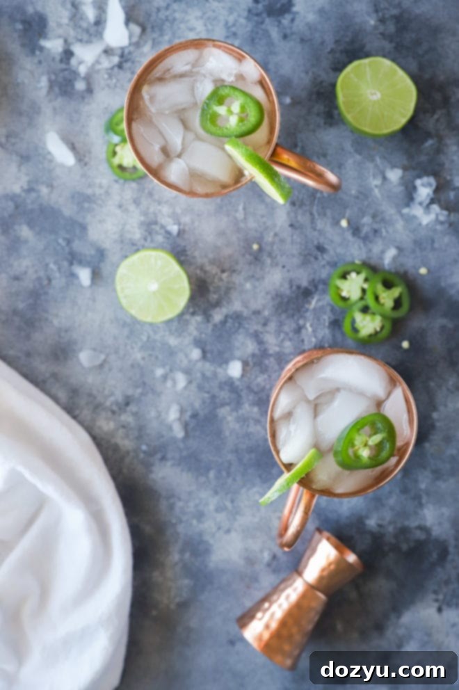 Desert Fire Mule 5 Overhead image of a Jalapeño Mexican Mule in a copper mug with lime and jalapeño garnish