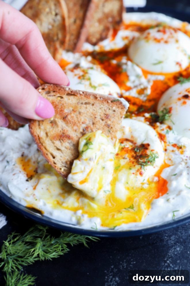 Authentic Turkish Egg Feast 4 A hand dipping a piece of toasted bread into the creamy garlic yogurt and runny yolk of a poached egg from a Turkish Eggs platter.
