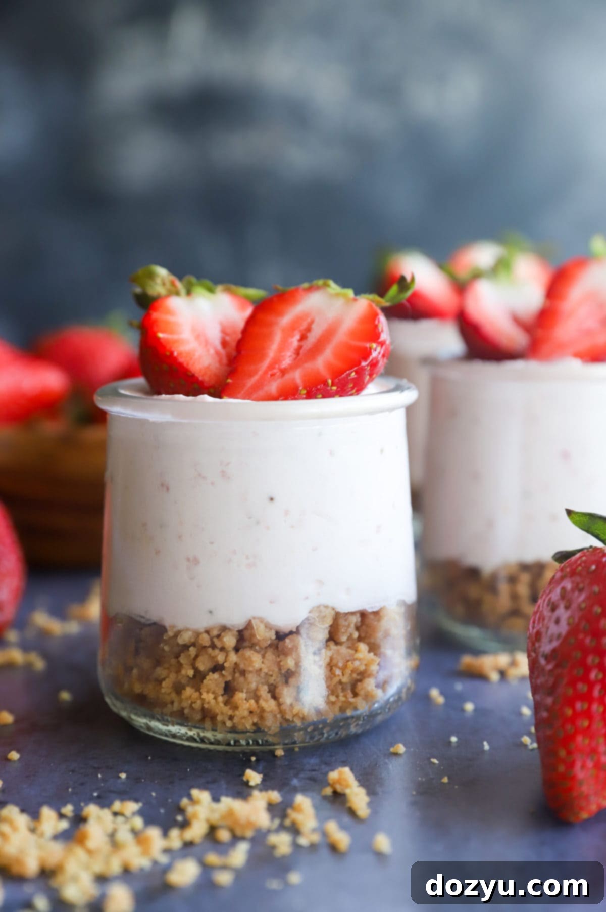Whipped Strawberry Cheesecake Dream 9 Side photo of cheesecake mousse in jars