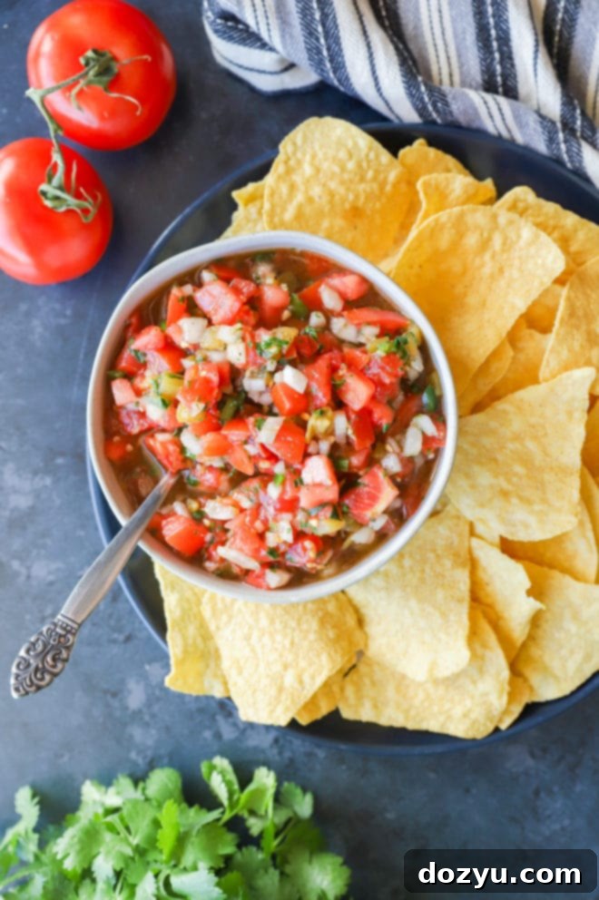 Hearty Salsa 2 Crispy tortilla chips ready to dip into a bowl of fresh, homemade chunky salsa, with a spoon nestled in the vibrant mix of tomatoes, onions, and cilantro.