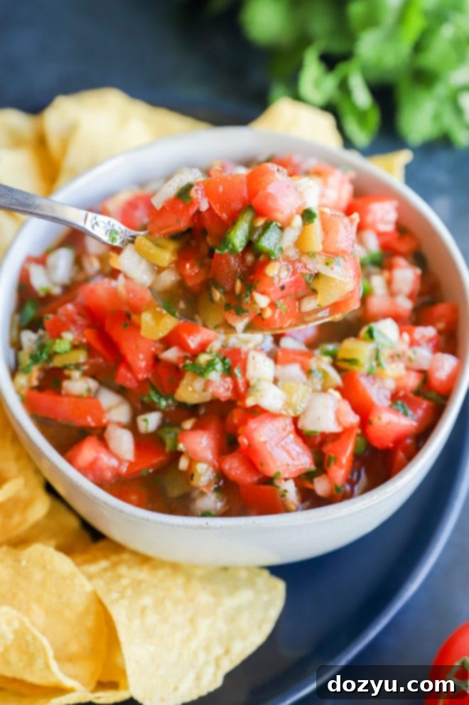 Hearty Salsa 4 A close-up shot of a bowl filled with freshly made chunky tomato salsa, showcasing the vibrant diced tomatoes, onions, and herbs, with a serving spoon resting inside.