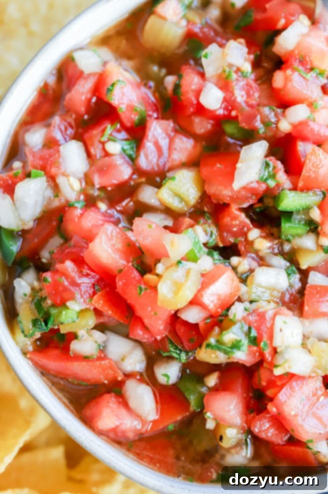 Hearty Salsa 6 An overhead view of a vibrant bowl of homemade chunky salsa, ready to be served, showcasing its rich texture and fresh ingredients.