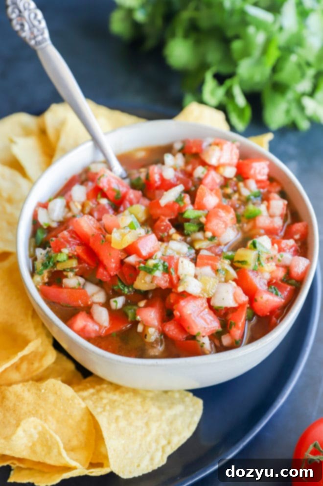 Hearty Salsa 7 A spoon emerges from a bowl of homemade chunky salsa, accompanied by crispy tortilla chips, highlighting its irresistible texture and freshness.