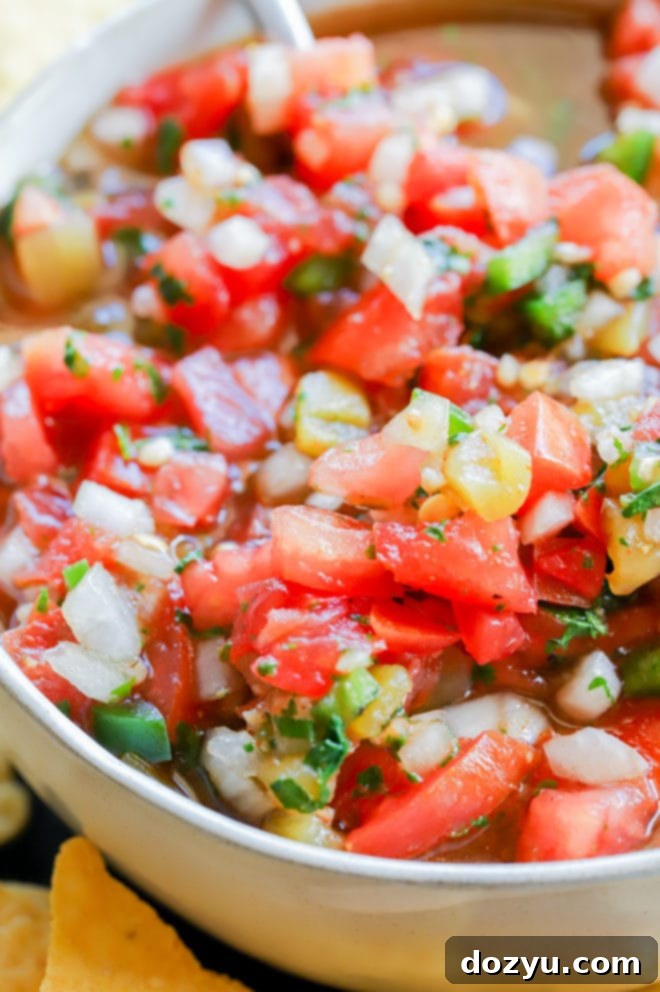 Hearty Salsa 8 A beautifully presented bowl of homemade chunky salsa, perfect for chips, accompanied by fresh tomatoes and lime wedges.